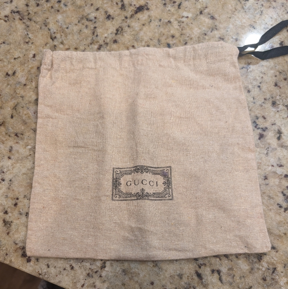 Gucci Tan Linen Drawstring Pouch with Black Ribbon